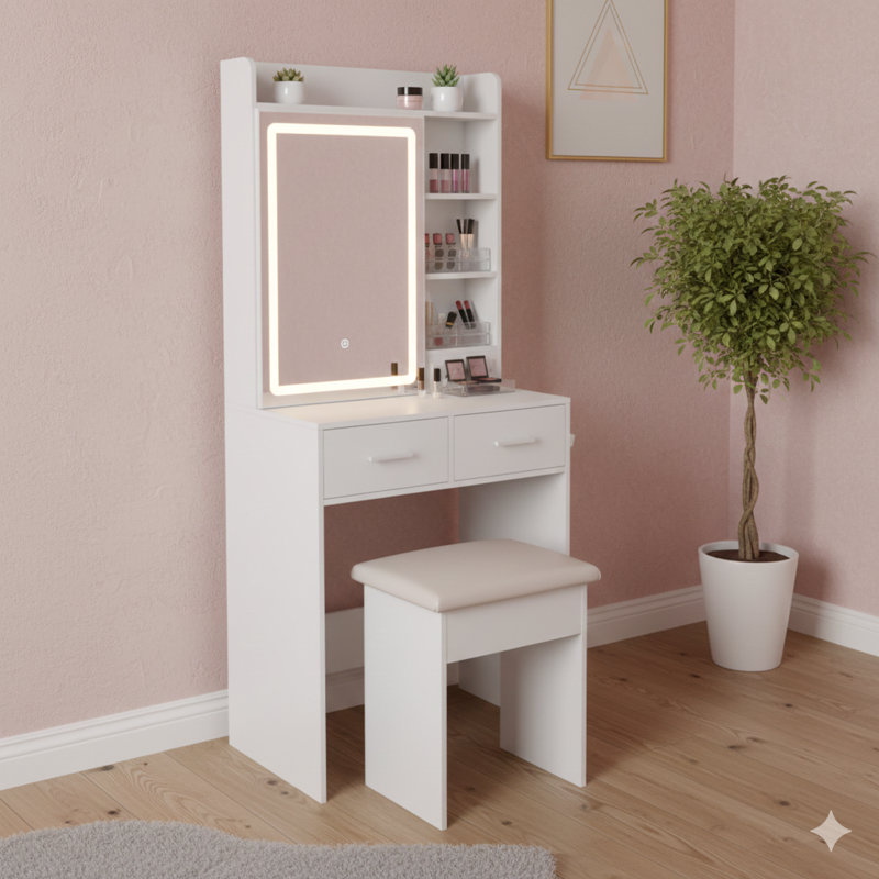 Compact Dressing Table Featuring A Mirror And Adjustable LED Lighting, Incorporates A Built-In Electrical Outlet And Concealed Storage Compartments. Includes An Upholstered Stool And An Additional Shelf. Space-Efficient Makeup Desk Designed For Compact B