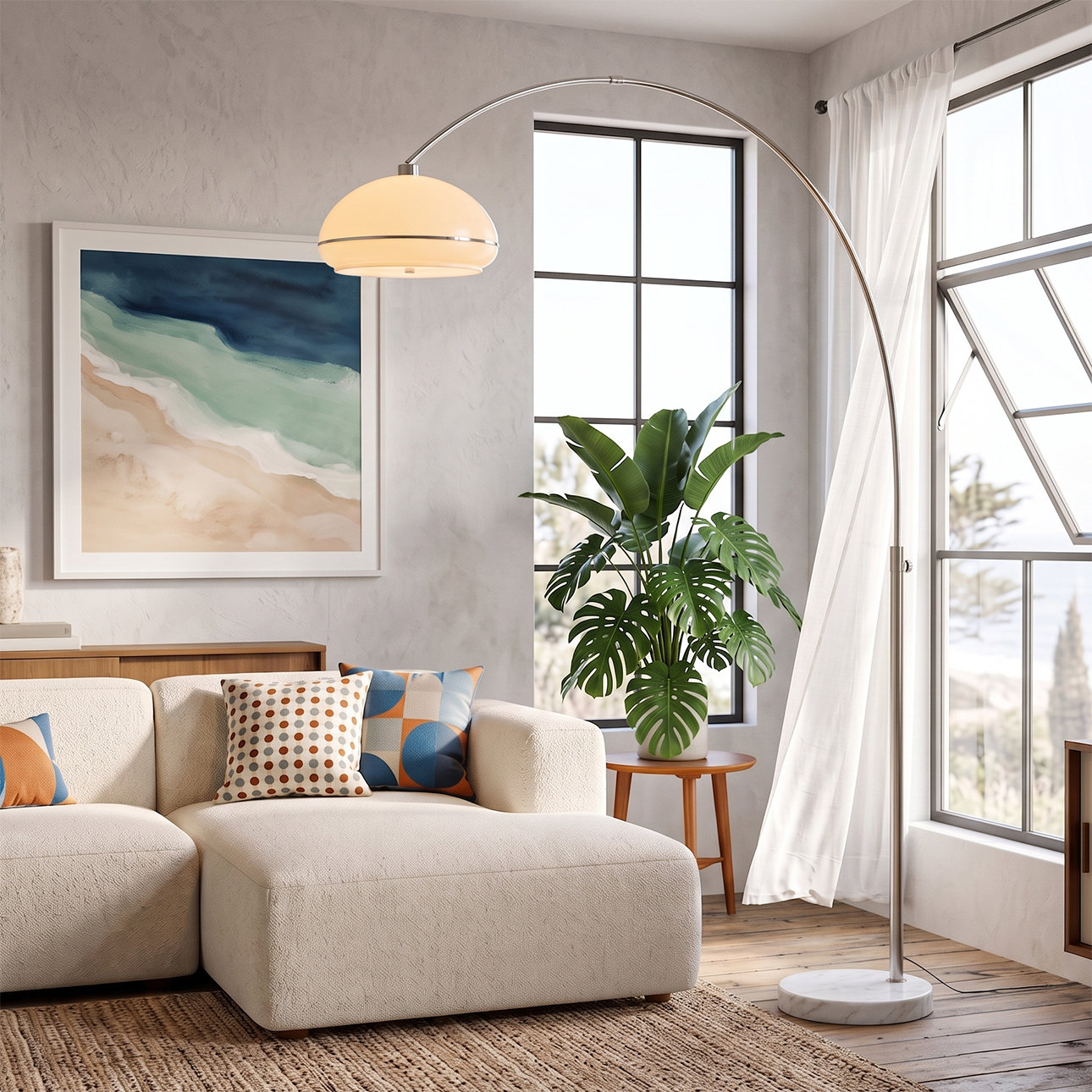 76" Marble Floor Lamp, Metal Base, Weathered Brass