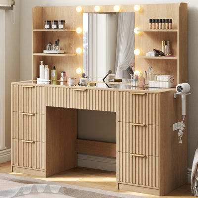Dulane 47.2" W Modern Large Vanity Desk With 7 Drawers, 4 Shelves, Led Lighted Mirror & Power Outlets by Willa Arlo Interiors