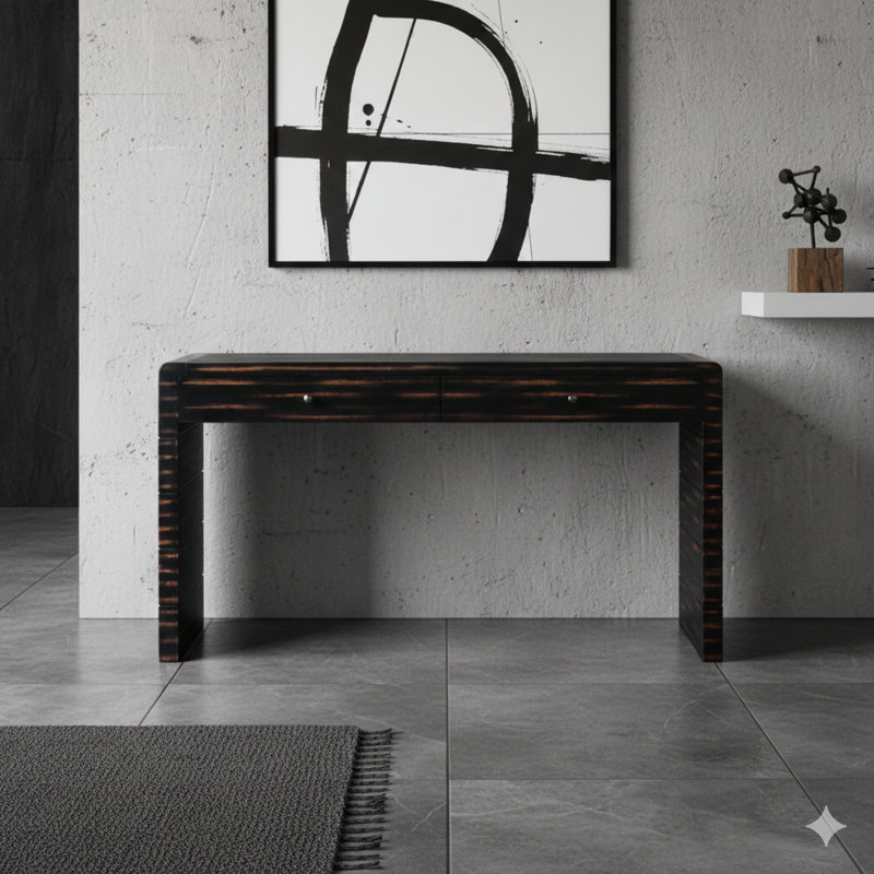 Console courbée avec rangement et deux tiroirs. Une table d'entrée en bois rustique de style campagnard convenant aux vestibules, aux couloirs et aux salons. Finition: noir patiné.