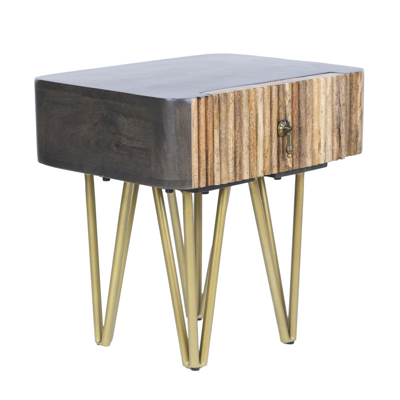 Table de chevet rustique en bois de manguier avec pieds et tiroir en métal doré