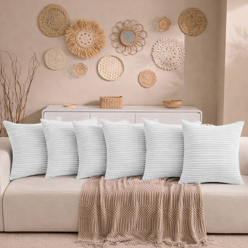 Aspire Homeware Striped Square Velvet Cushion Cover, White, Pack of 6