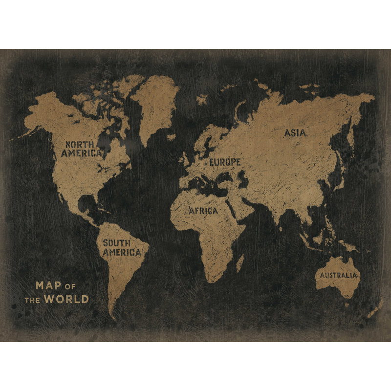 «Grunge World Map Black Gold» par James Wiens - reproduction d'art sur toile tendue, H 24 po x l 32 po