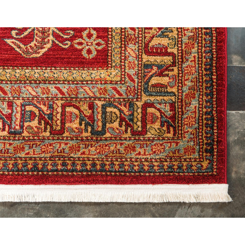 Tapis rouge à motif géométrique Eesi, Tapis de couloir 2 pi 7 po x 10 pi