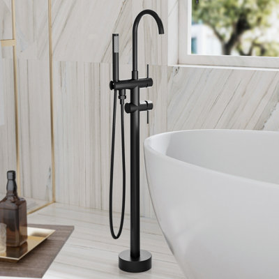 45"H 304 Stainless Steel Freestanding Matte Black Tub Faucet With Handheld Shower