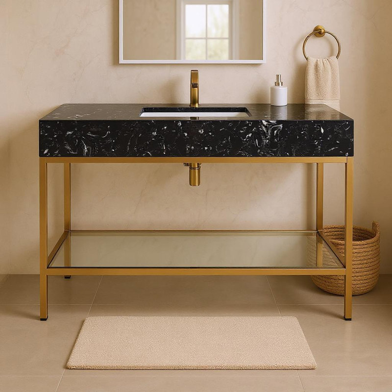 Meuble-lavabo simple 48 po Izayha, Laiton brossé, Noir
