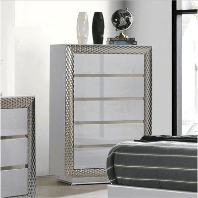 Meuble de chambre de style glam 1pc avec 5 tiroirs et socle en verre