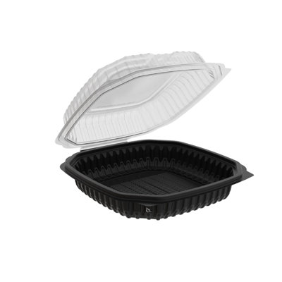  Contenant à charnière 48Oz 11,5X10X3 à charnière noir avec couvercle transparent et jetable