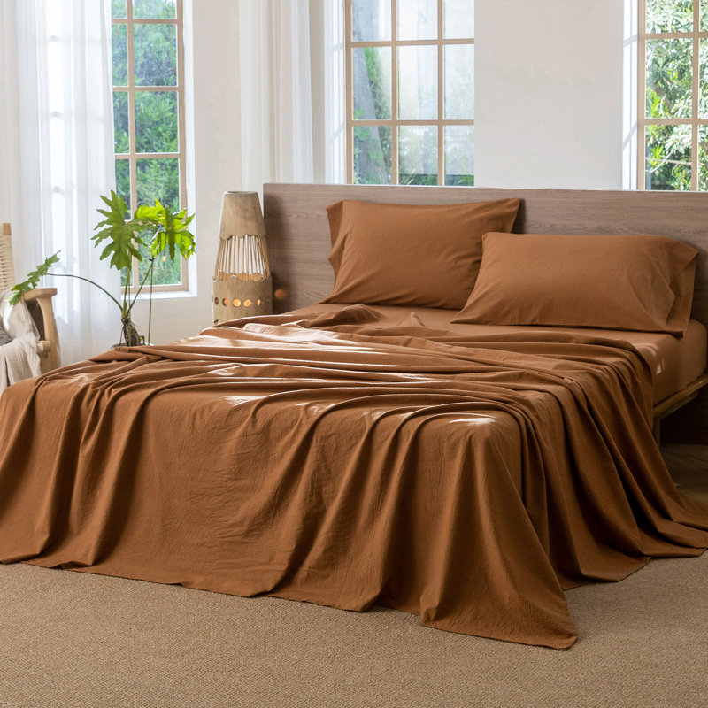 Drap plat 100% coton lavé MooMee, Orange foncé, Drap plat grand