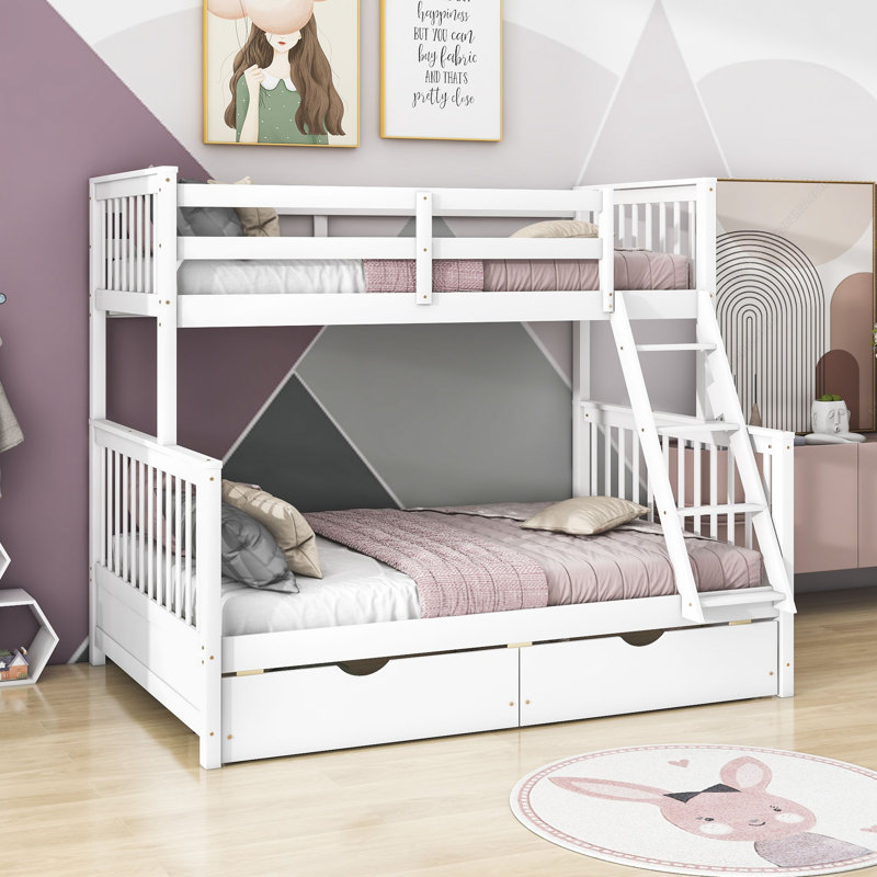 Lit superposé simple au dessus d'un lit double en bois avec 2 tiroirs, Blanc