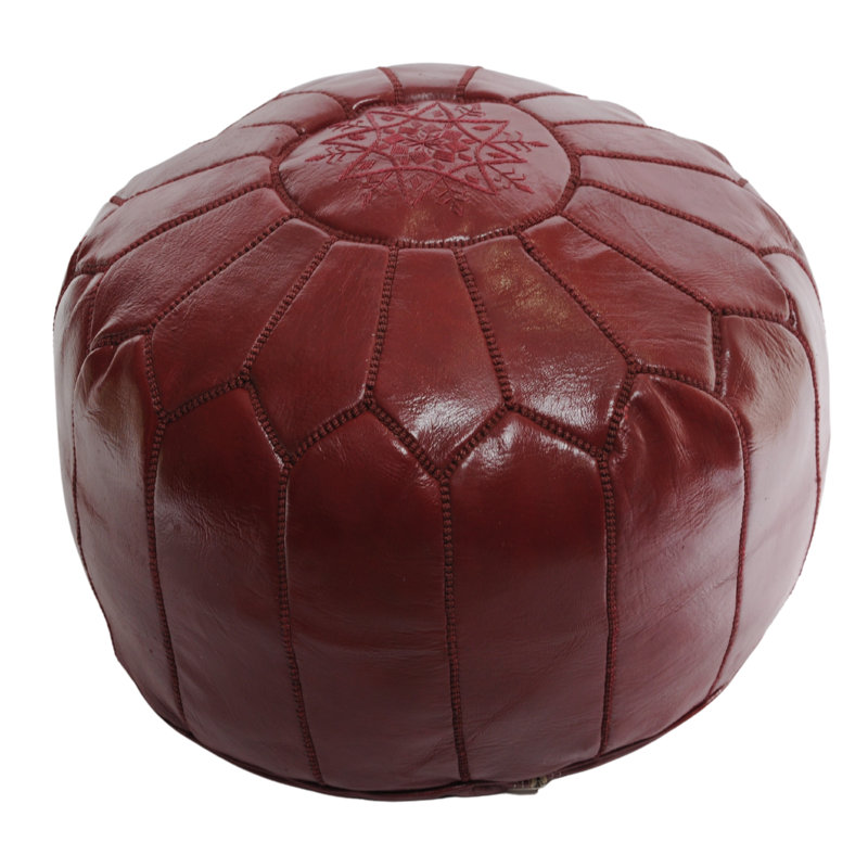 Upholstered Pouf, Morrocan Leather Chocolate Burgundy, Burgundy