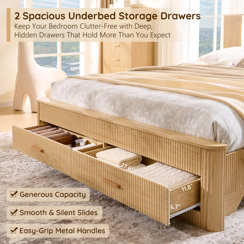 Queen Modern Platform Bed Frame With Storage Drawers & Charging Station, Upholstered Headboard With Usb Ports & Outlets, Sturdy Wood Slat Support, No Box Spring Needed, Easy Assembly, Natural Oak