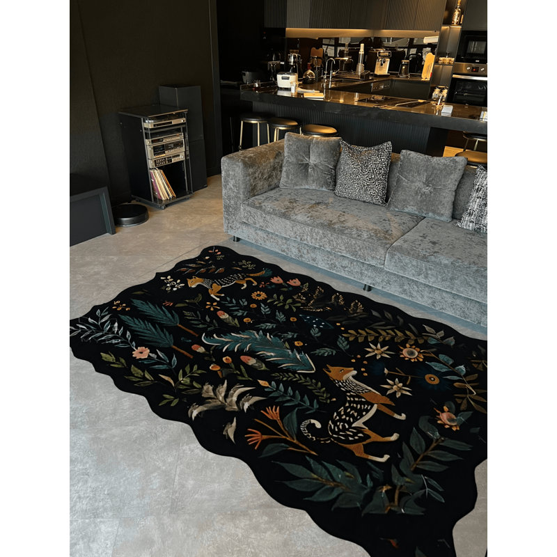Tapis décoratif moderne à motif floral à motif floral tigré noir Shape Collection, Rectangle 3 pi 9,81 po x 4 pi 11,06 po