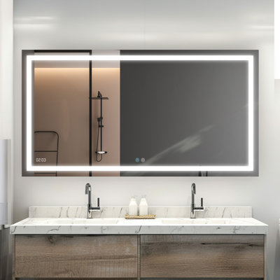 AQUADOM Daytona 96" W x 36" H x 1" D, LED Wall-Mount Mirror for Bathroom with 3 Colour Temperature Light, Touch Control, Dimmer and Defogger, Digital Clock