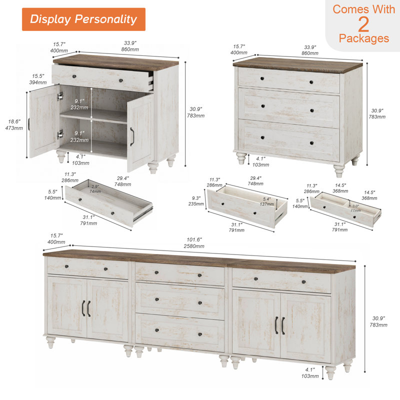 TV Stand For 100 Inch TV, 3-In-1 TV Console Table For 75/80/85/90 Inch TV, Entertainment Center With 5 Drawers And 4 Doors, Rustic White