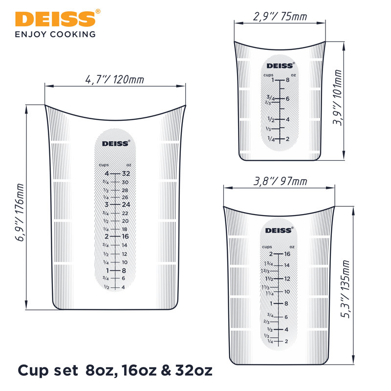Ensemble de 3 tasses à mesurer en silicone DEISS Pro pour la cuisson et la cuisson