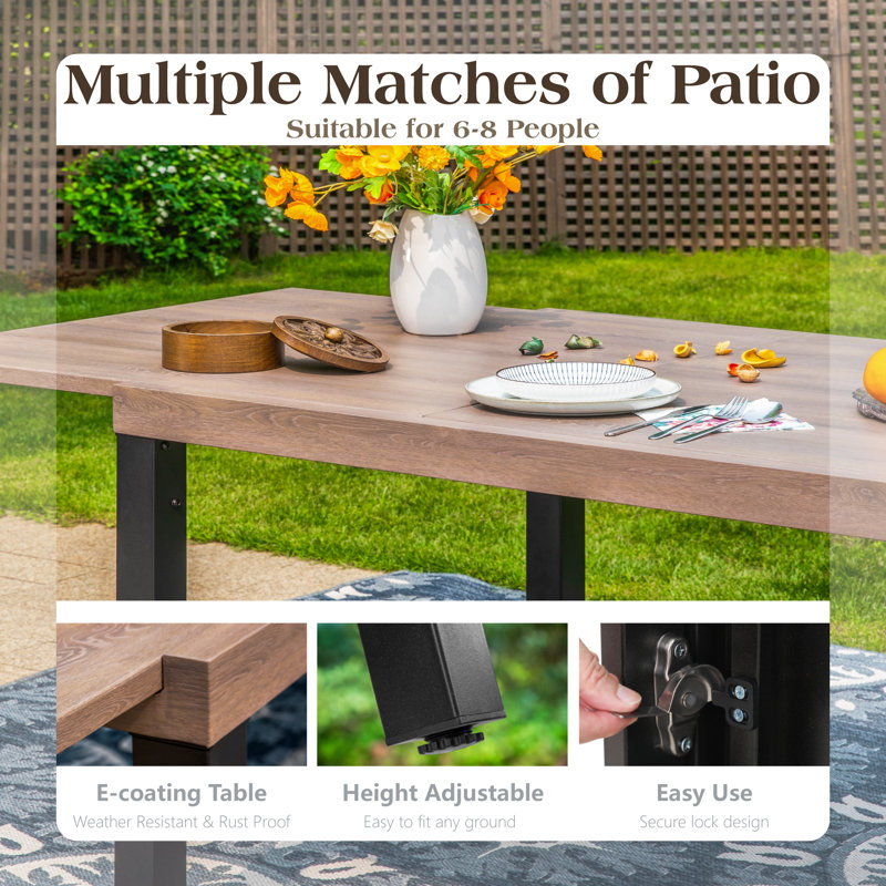 Rectangle Outdoor Patio Dining Set Wooden-look Expandable Heavy Duty Metal Table With Cushioned Chairs, 8