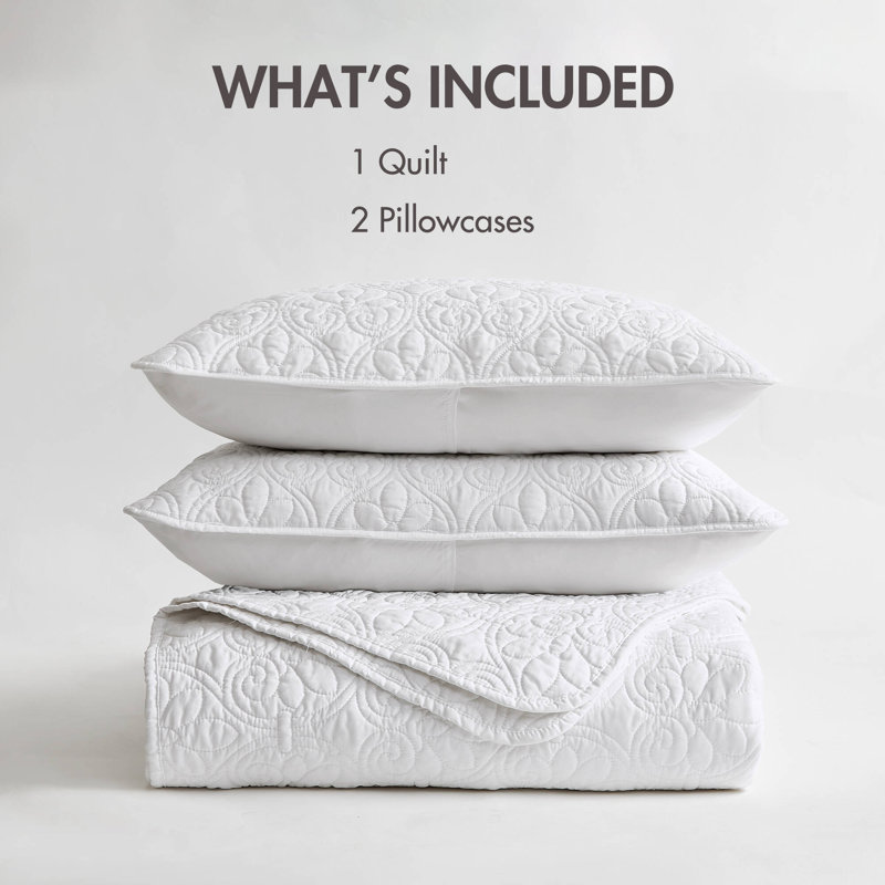 Quebec Reversible Quilt Set, White, Full/Queen Coverlet + 2 Standard Shams