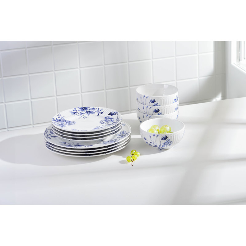 Cassian Blue Floral Embossed Porcelain 12-Piece Dinnerware Set
