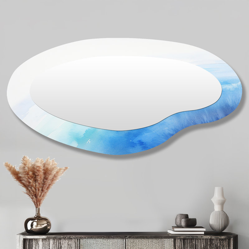 «Calming Arc Of Stillness», miroir mural incurvé arc-en-ciel, grand miroir asymétrique bleu, impression d'art en métal