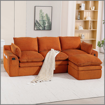 L Shaped Compressed Modular Sectional Sofa Modern Corduroy Upholstered Boneless Couches with Movable Footstool,With Three Pillows and Two Lumbar Pillows,Detachable Cloud Seat Cushions