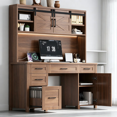 Farmhouse Executive Desk with Hutch and Charging Station, Computer Desk with 2 Sliding Barn Doors, 5 Drawers & Storage Cabinet with 3-Position Adjusta