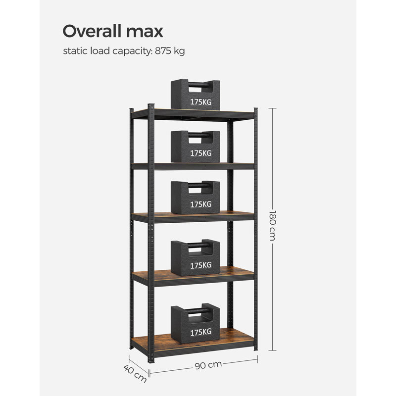 Desi Steel Standard Bookcase, 180cm H x 90cm W x 40cm D, Rustic Brown/Black