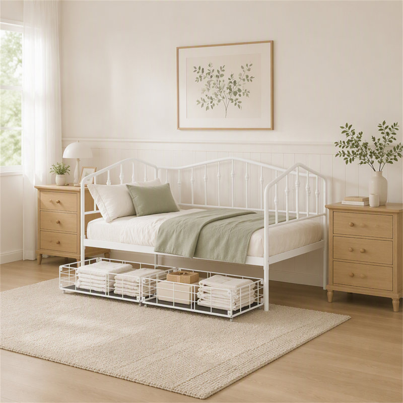 Lit de jour simple en métal avec 2 tiroirs, White