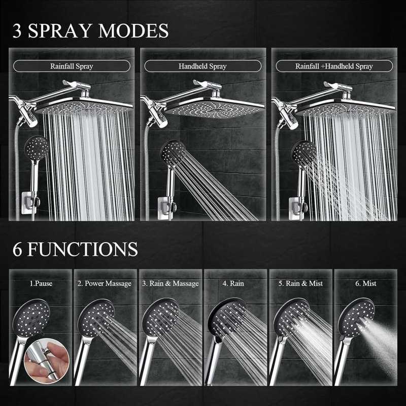 Chrome Adjustable Dual Rain Shower Head with Handheld