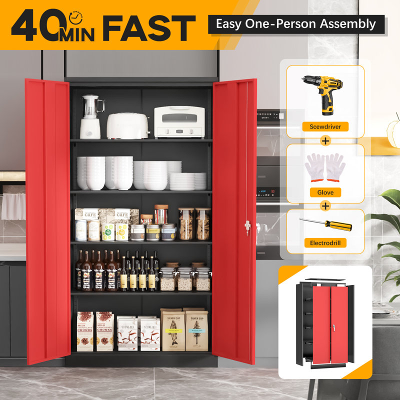 Steel Single Storage Cabinet with Lock ( 72'' H x 32'' W x 16'' D), Black/Red