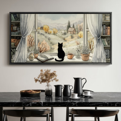 Cozy Window View with Cat, Book and Countryside Landscape Framed Print Wall Art