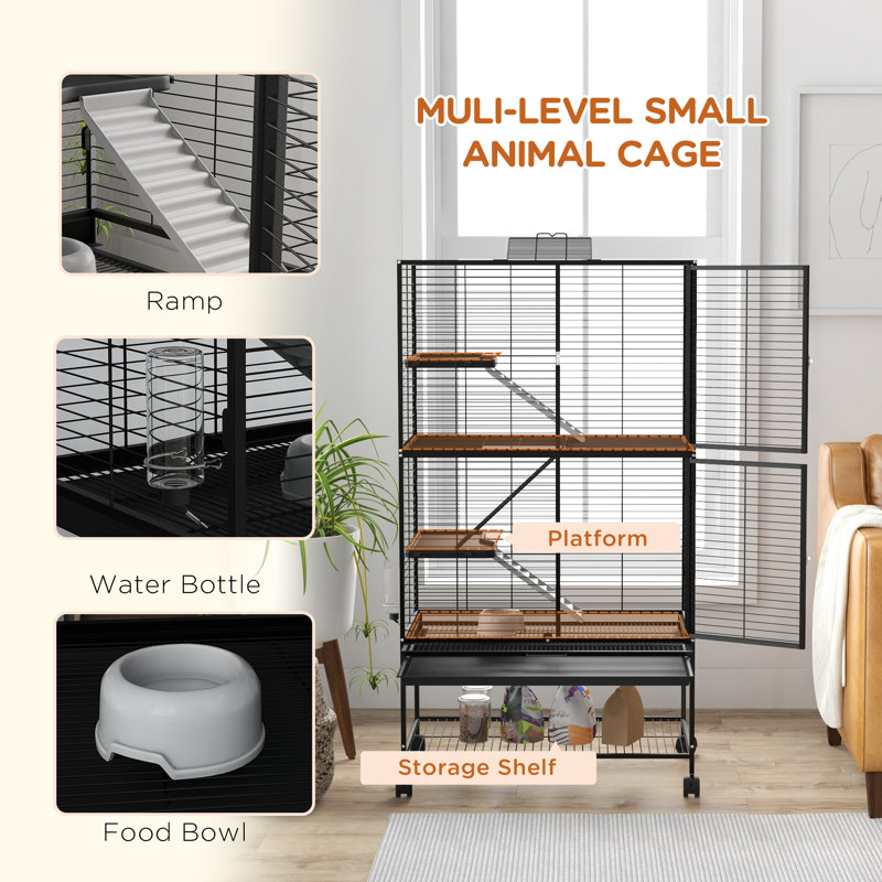 Cage à 4 niveaux pour petits animaux sur roulettes avec tablette, noir