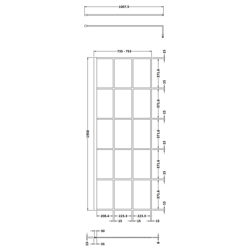 Framed Wet Room Glass Screens with Pattern Glass, 195cm H x 76cm W x 1.4cm D