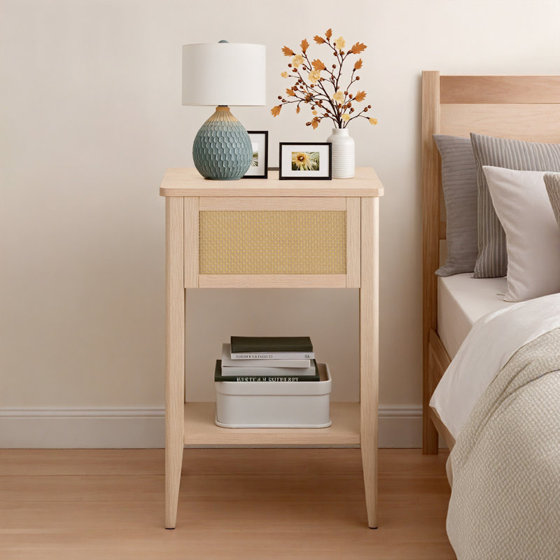 Breshawna 16" W Rattan Drawer Nightstand Side Table with LED Light and Charging Station for Bedroom Living Room