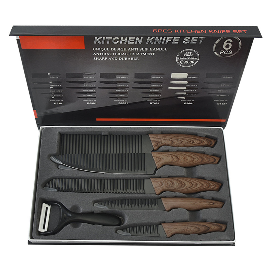 6PCS Kitchen Knife Set in Box, Chef Knife, Cleaver Knife, Carving
