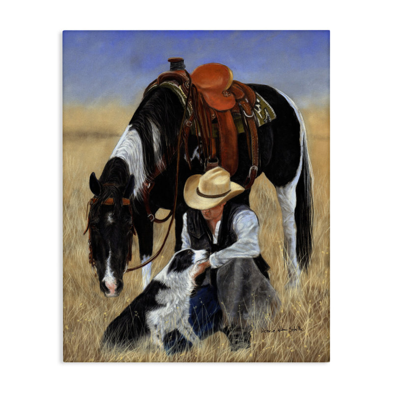 «Cowboy avec chien et cheval sur toile» par Victoria Schultz, H 40 po x l 30 po x P 1,5 po