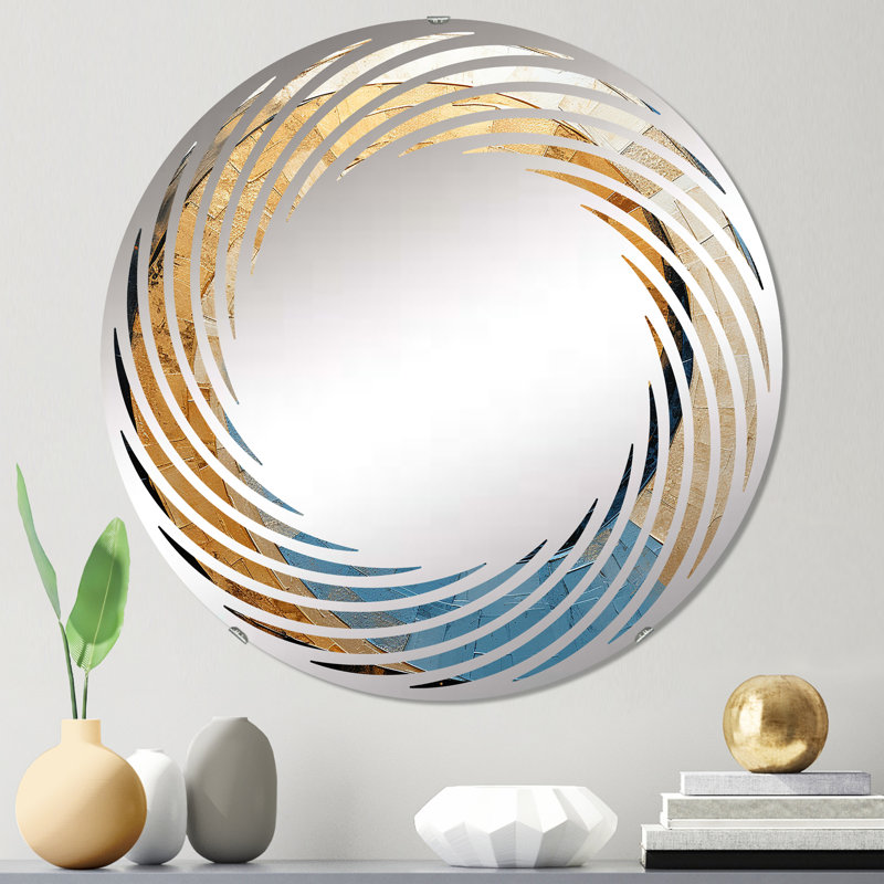 Miroir mural abstrait abstrait, spirale bleue dorée, 23,6 po x 23,6 po