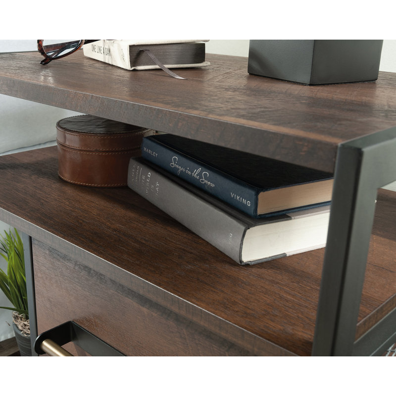 Barrel Oak and Metal Frame Nightstand with Drawer