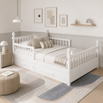 Kids Bed Frame with 2 Storage Drawers & Safety Guardrails