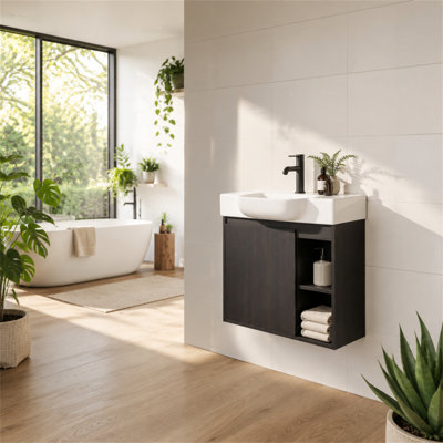 Meuble-lavabo mural moderne de 61 cm (24 po), structure en contreplaqué avec porte à fermeture douce et lavabo en céramique blanche brillante, unité de rangement suspendue peu encombrante