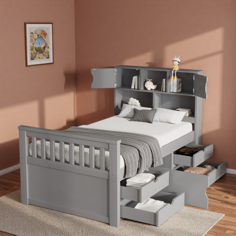 Lit plateforme avec tête de lit, compartiments de rangement et 4 tiroirs, Gris