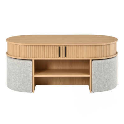 Multi-Functional Oval Coffee Table with Storage and Fabric Stools