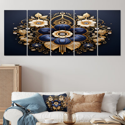 Blue Flowers Persian Gold Ornamental Emblem - Modern Floral Wall Art Canvas 5 Piece