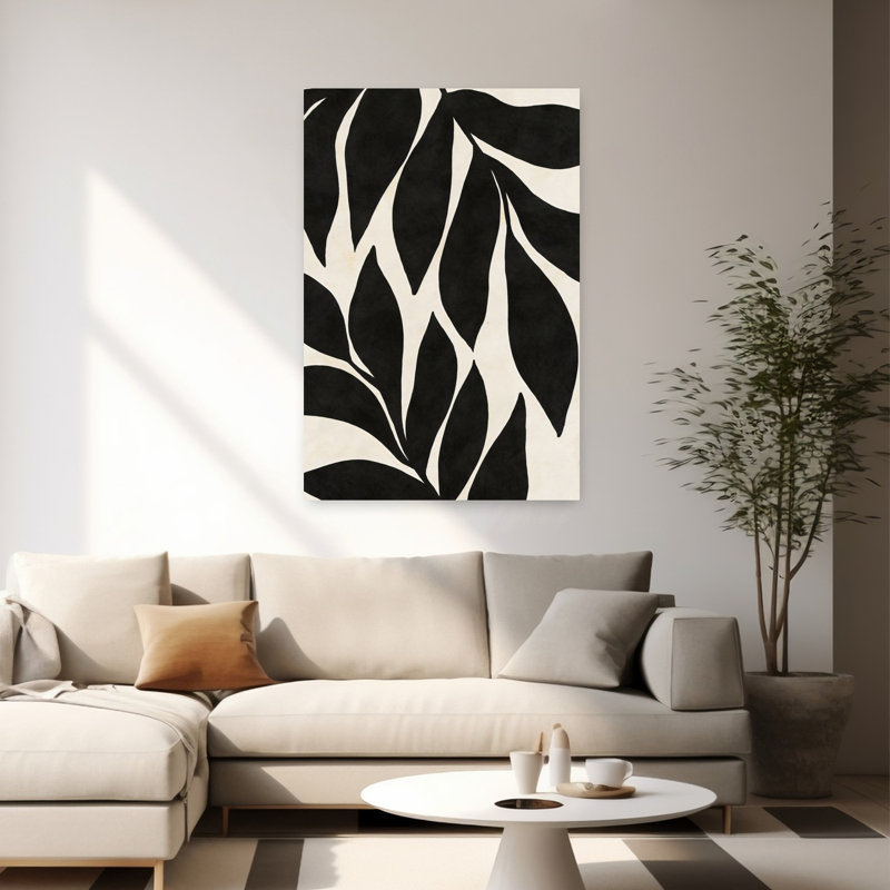 Art mural contemporain noir et brun clair à motif floral abstrait et audacieux, 60" H x 40" W