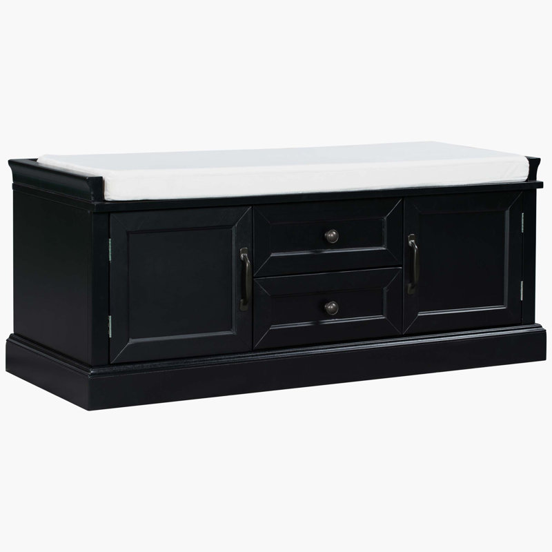 Storage Bench With 2 Drawers And 2 Cabinets, Shoe Bench With Removable Cushion For Living Room, Entryway, Black