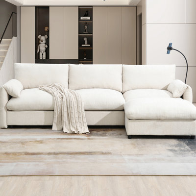 Canapé modulaire en L 96,5 po avec rangement multifonctionnel, support de téléphone réglable, charge de type C +, poches pour accoudoirs, coussins moelleux, ensemble de meubles de salon en chenille à 4 places équipé