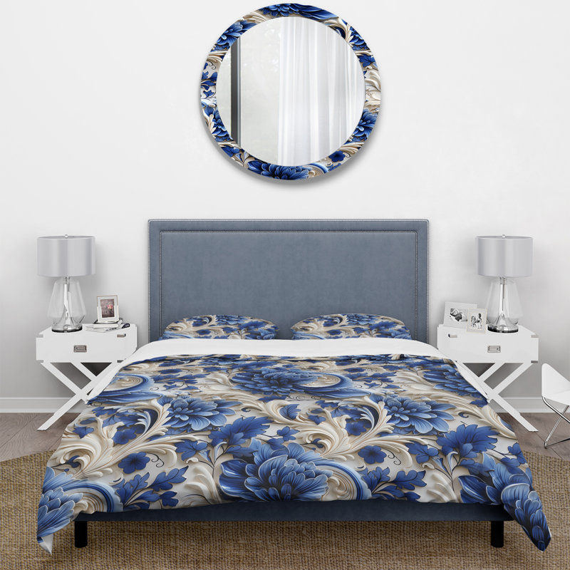 Blue Scrollwork Swirls Victorian Pattern I - Ensemble de housse de couette à motif floral