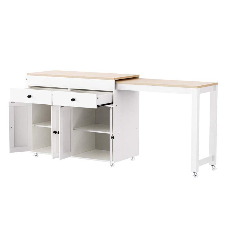 74.5 Inch Rolling Kitchen Island With 27" Extendable Table, 44"X19.75" Island, 2 Drawers, 7 Removable Universal Wheels And Spice Rack, White 4 Door Cabinet, Smooth