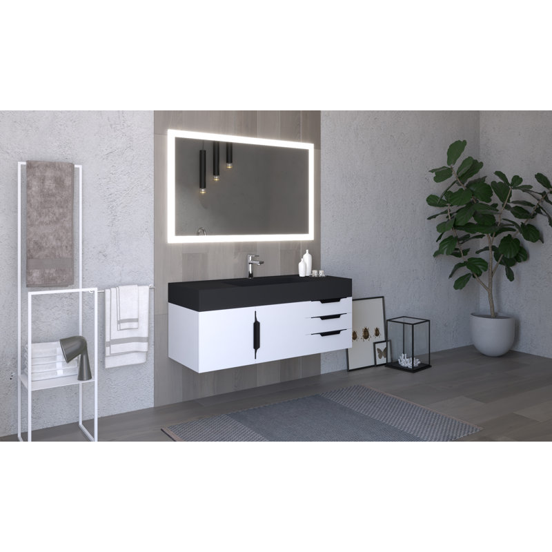 Meuble-lavabo mural simple 48 po avec comptoir à surface solide - base blanche, plateau noir, poignées noires, Noir, Blanc