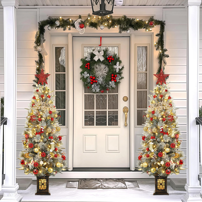 Christmas Tree-Fat Tree Body Contains 4.5Fth Potted Tree 200 Lights, 8-Mode, Frost Blossom Cedar, 4 Red Fruits, Nine-Headed Bird Light Box Base